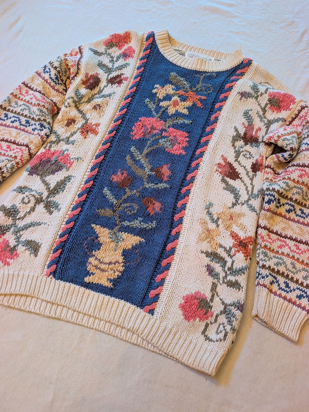 Vintage Floral Pattern Crewneck Cotton Ramie Sweater